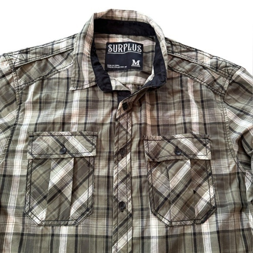 Surplus Plaid Button Down Shirt Mens Size M Olive Green Excellent Utility Work